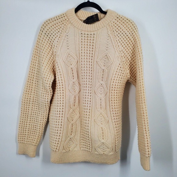 Vintage Sweaters - Vintage Cornel SZ M Ivory Wool Fisherman Chunky Thick Cable Knit Grandpa Sweater